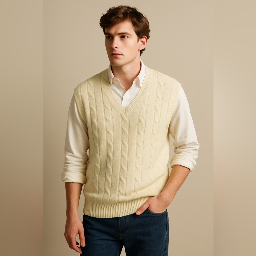 Vintage Troy Hill Cable Knit Sweater Vest Mens L 80s 90s Preppy Fisherman Grampa